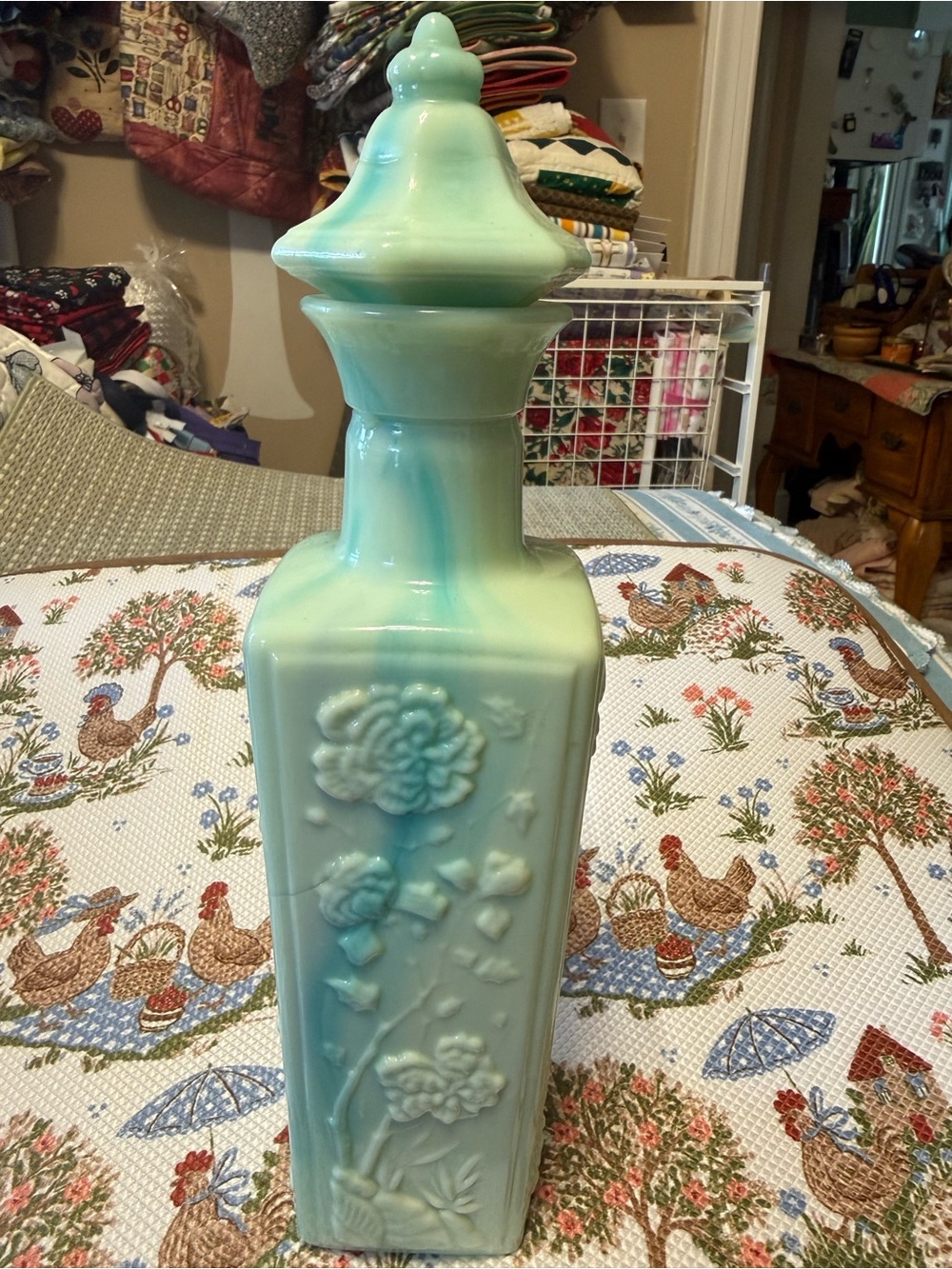 Vintage 1972 Jim Beam Decanter Bottle Jade Blue Teal Milk Slag Glass Stopper.